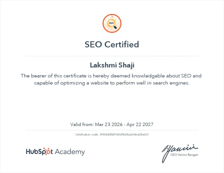 Lakshmi shaji SEO certificate from Hubspot academy