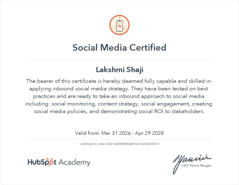 SMM certificate from Hubspot academy for Lakshmi Shaji