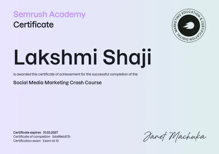 Semrush Academy certificate for Lakshmi Shaji