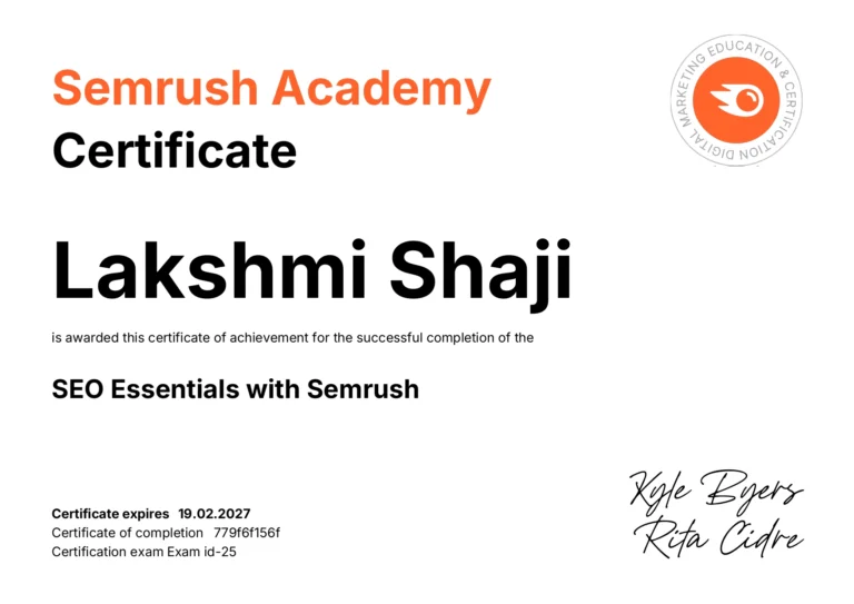 SEO certificate by Semrush academy for Lakshmi Shaji